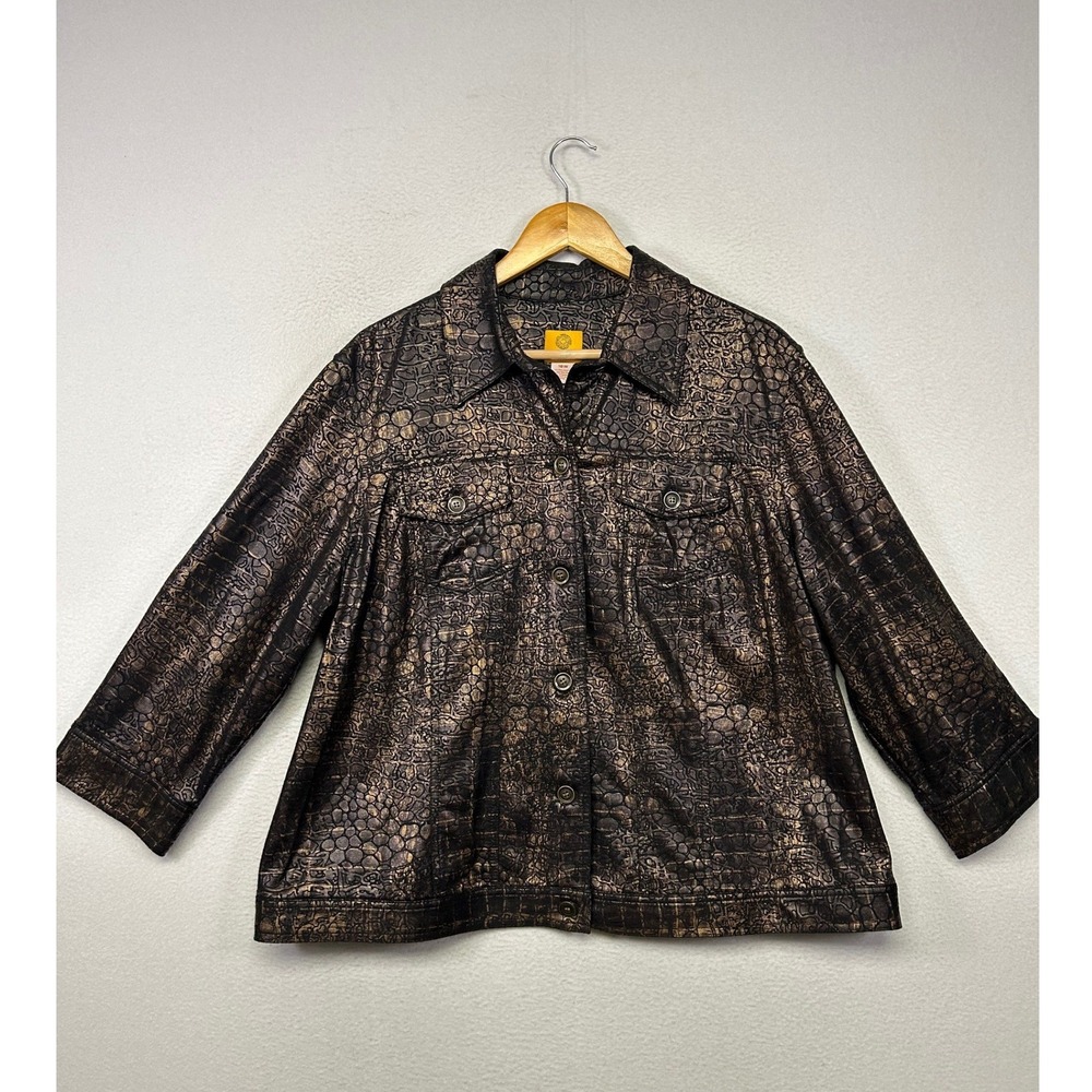 Glam Metallic Reptile Ruby Rd. Woman 18W Bronze Faux Leather Look Trucker Jacket